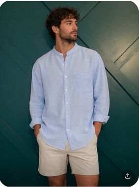 TravelSmith Silk Cotton Blend Button Front Shirt Light Blue Mandarin Collar